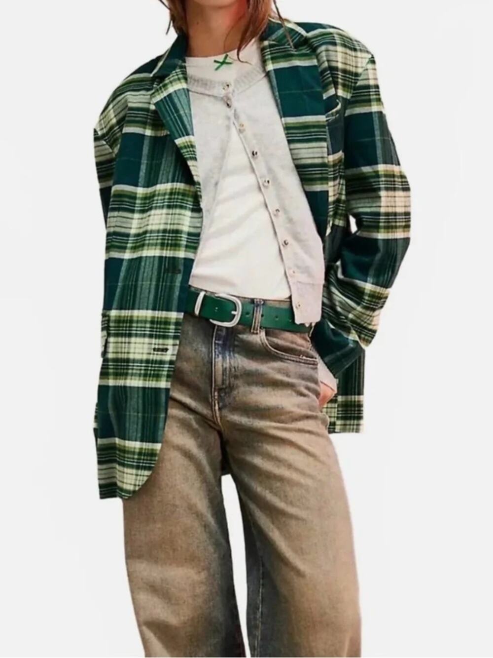 Free People Reggie Plaid Pattern Single-Breasted Casual Blazer Green XS